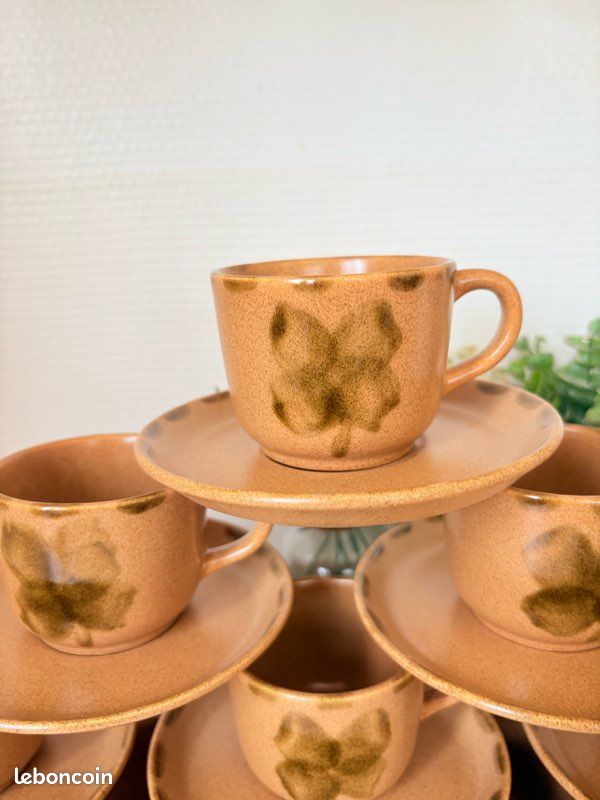 Service à café/thé Sarreguemines Trèfle en grès – 10 tasses – Vintage (image 5)