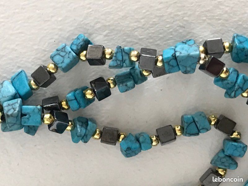 Collier Vintage Hématites Et Perles Bleues - Doré, Occasion - Bijou Bohème Et élégant