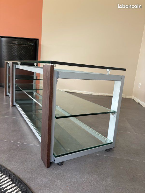 Meuble TV design 180 cm verre bois métal (image 2)