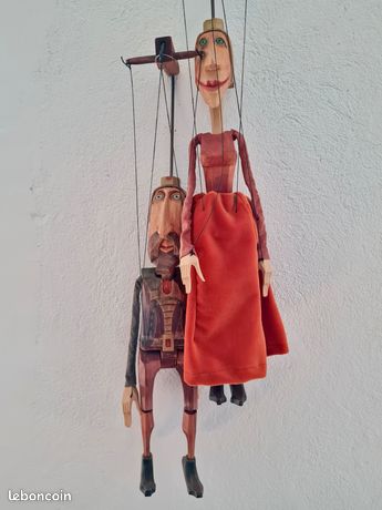 Marionnette à Fils Guignol Ancienne - Visage Et Mains Porcelaine - État Moyen