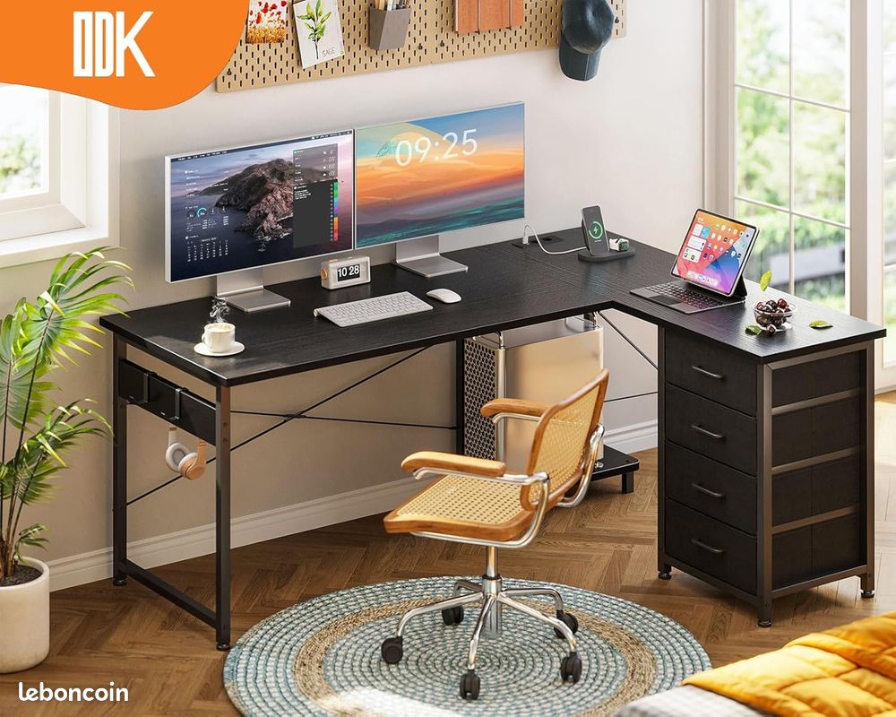 Bureau d'ordinateur blanc/gris/marron avec base en métal, résistant aux