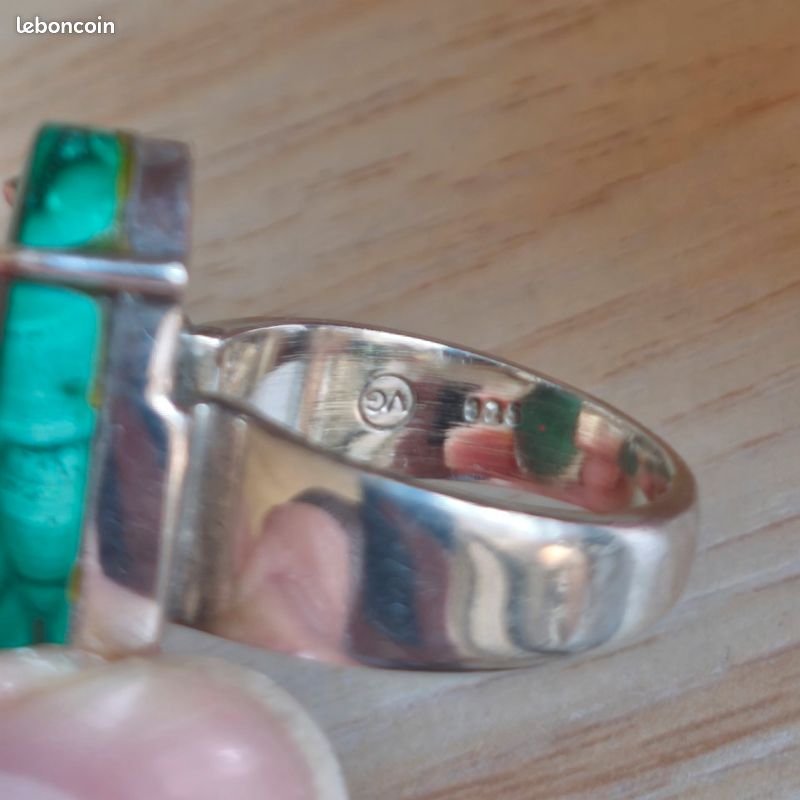 Bague En Argent Massif 925 Avec Malachite - Taille 53 - Occasion