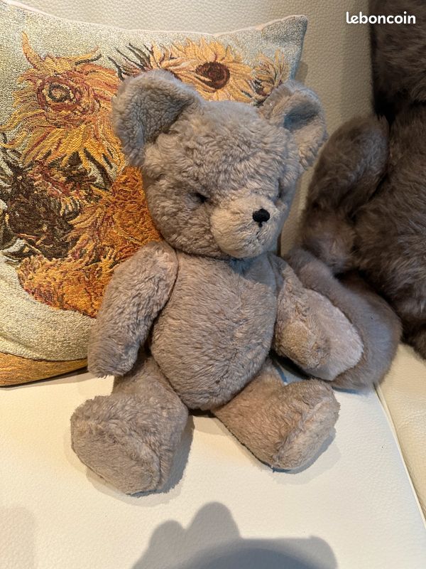 Ancienne peluche ours beige marron blanc noeud papillon