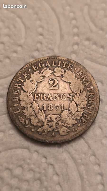 Pièce ancienne 2 Francs Cérès argent 1871 A - Petit A - IIIe République. 29 euros (image 1)