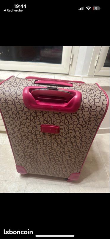 Valise Calvin Klein en toile beige et coutures rose neuve