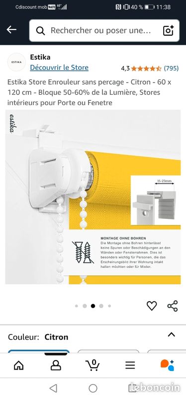 Store Enrouleur Sans Percage Estika - Blanc 50x120 Cm - Intimité & Lumière Modulable - Pour Portes Et Fenêtres