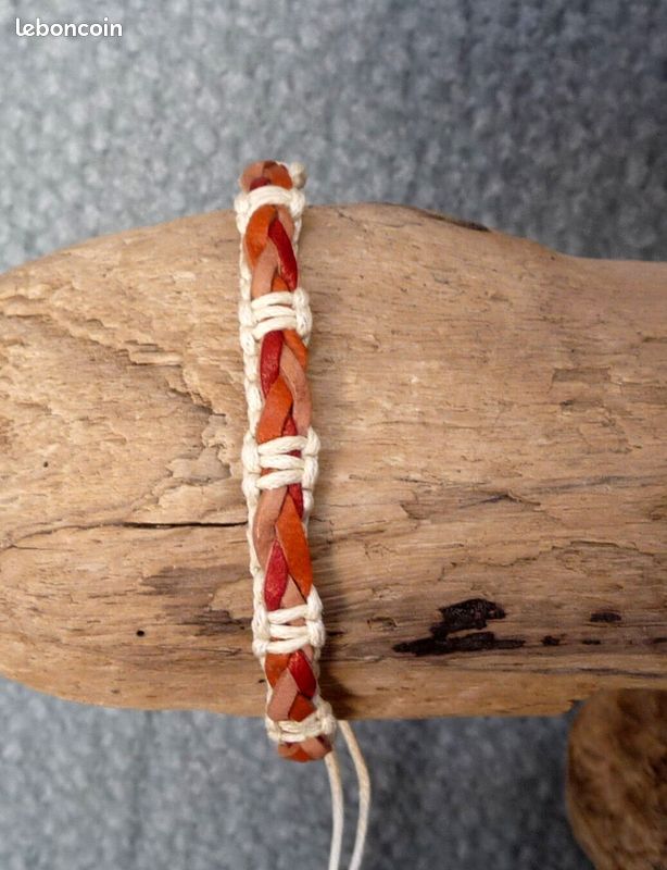 Bracelet réglable unisexe en cuir tressé naturel orange rouge et coton (image 2)