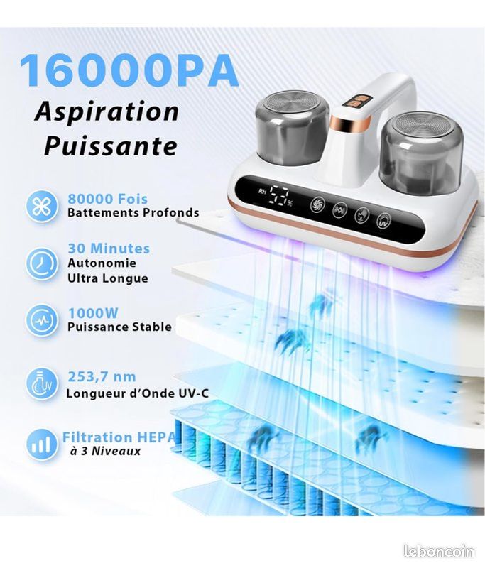 Aspirateur Matelas Anti Acariens JPHYLL | UV-C 253.7nm + Air Chaud 60°C | Filtre HEPA | 16Kpa