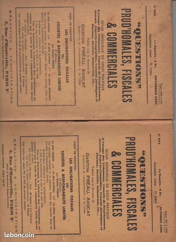 Lot De 2 Revues "Questions" Prud'homales, Fiscales & Commerciales - N° 234 + 235 - 10/1938 Et 11/1938 (image 1)