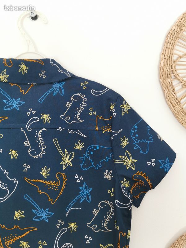 Chemise Garçon 10/12 Ans Manches Courtes Col Boutonné - Dinosaures Blanc Et Bleu - Coton