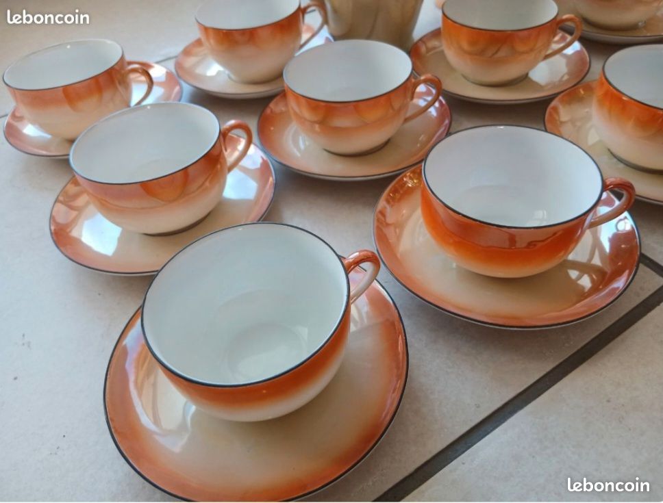 Service complet à café - thé porcelaine fine orange blanc (image 1)