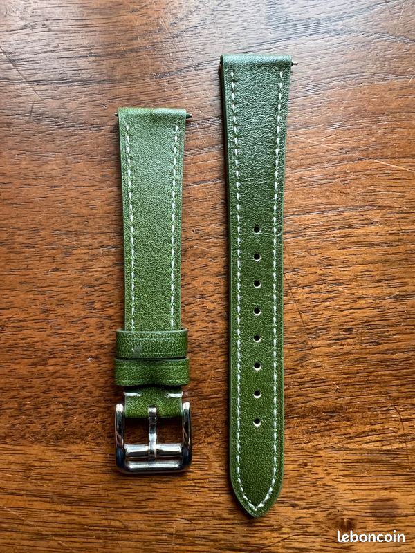 Bracelet De Montre Vintage Vert Clair En Cuir Véritable - Largeur 16 Mm - Fabrication Française - Neuf Sans étiquette