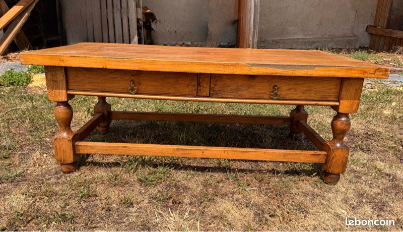 Table basse en bois 120 × 60 cm – 2 tiroirs – Style rustique (image 1)