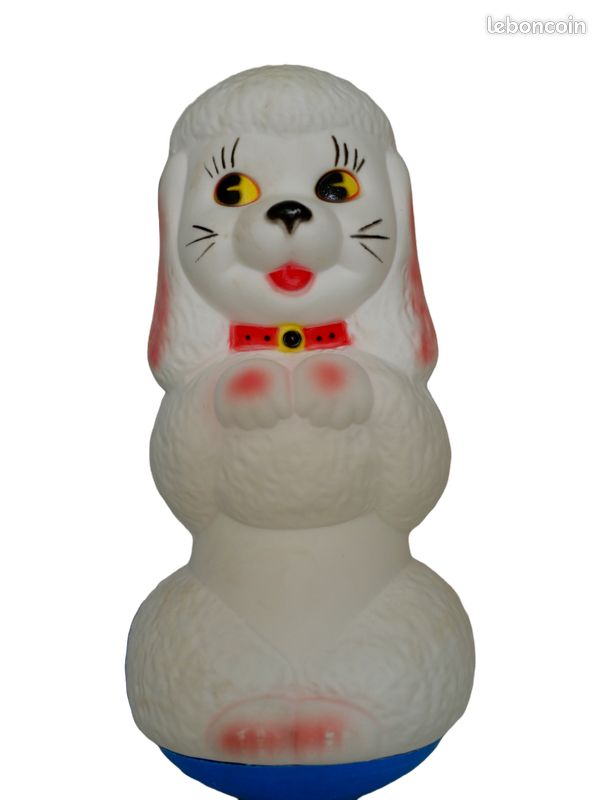 Jouet Vintage Chien Caniche Blanc Sur Roulettes, Plastique Soufflé, Années 1960/70, Bel état