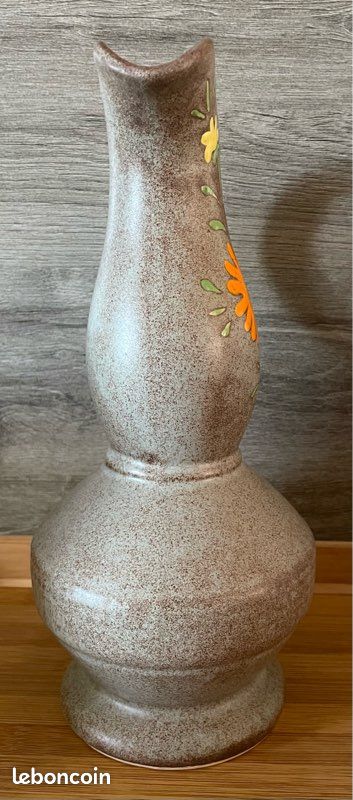 Ancien Pichet Aiguière Céramique Craquelée Forme Oie (vintage, Fleurs, Blanc)