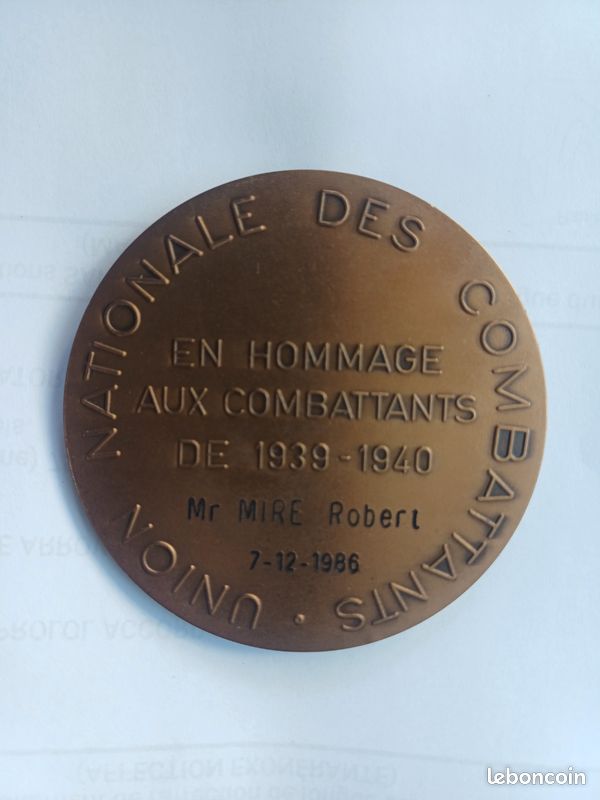 1939 1940 medal Union Nationale des Combatants Hommage aux combatttants