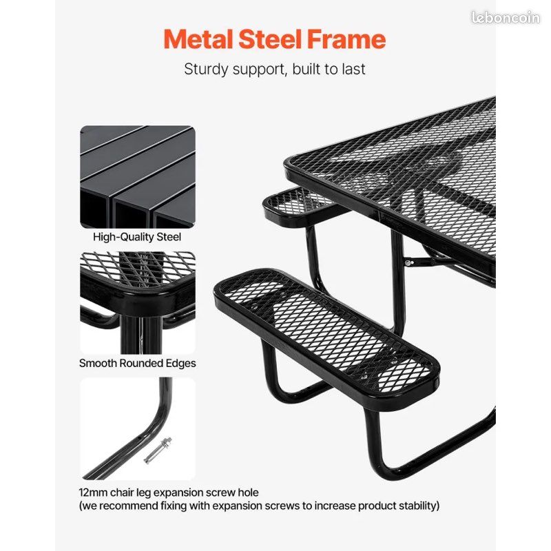 Table de pique-nique carrée VEVOR avec 4 bancs, ensemble de mobilier de jardin résistant aux intempéries pour terrasse, tables en acier revêtu avec trou pour parasol (image 2)