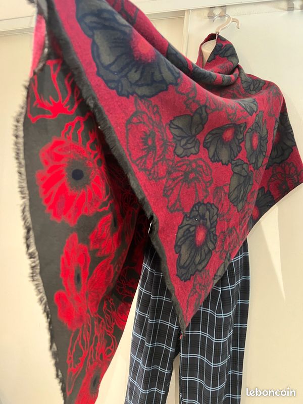 Écharpe Châle, réversible, rouge noir, kaki vert (image 5)