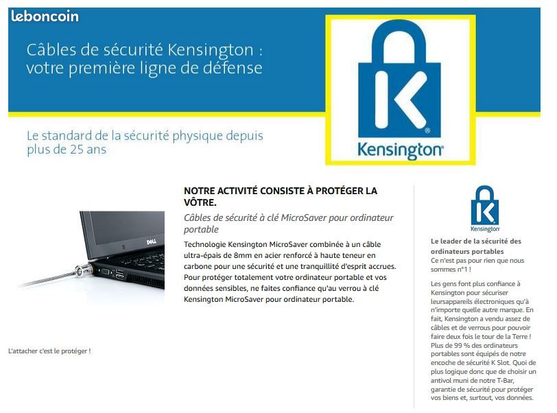 Kensington icroSaver 2.0 Câble de Sécurité spirale à clé pour Kensington icroSaver 2.0 Câble de Sécurité spirale à clé pour