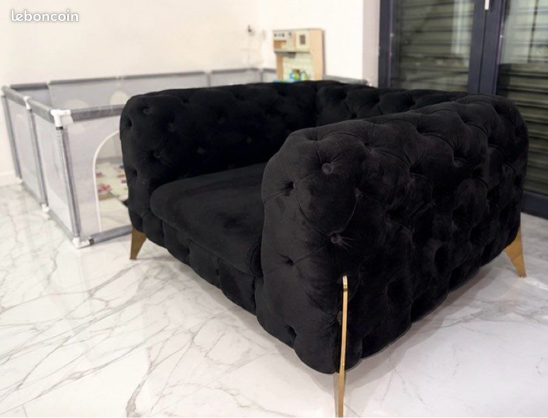 Canapé capitonnée noir design élégant fauteuil sofa salon (image 3)