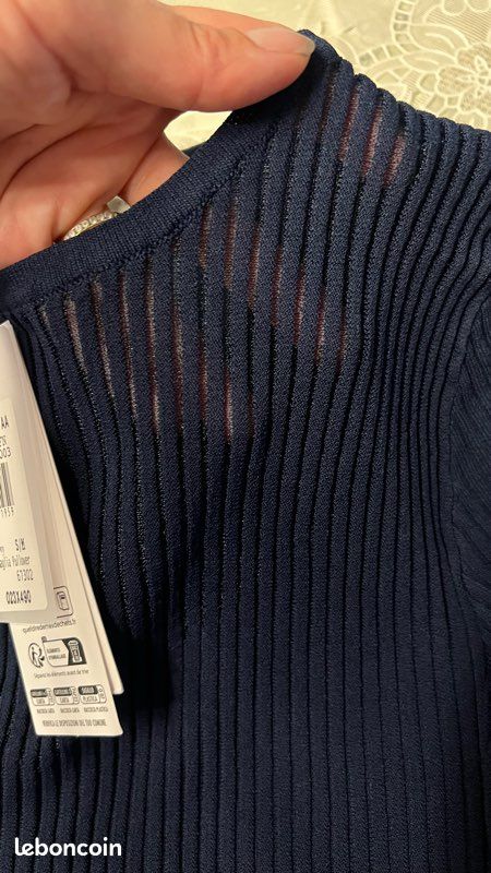 Top blouse bleu marine côtelé avec jeu de transparences taille S/M Rinascimento (image 2)