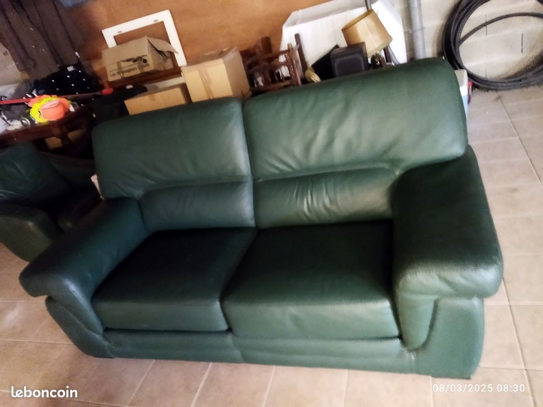 Canapé en cuir vert et ses 2 fauteuils (image 1)