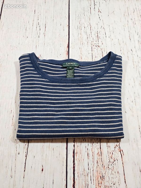 Ralph Lauren T-Shirt Femme M Bleu à rayures Été Classique Chic Vintage Casual Très Bon état (image 1)