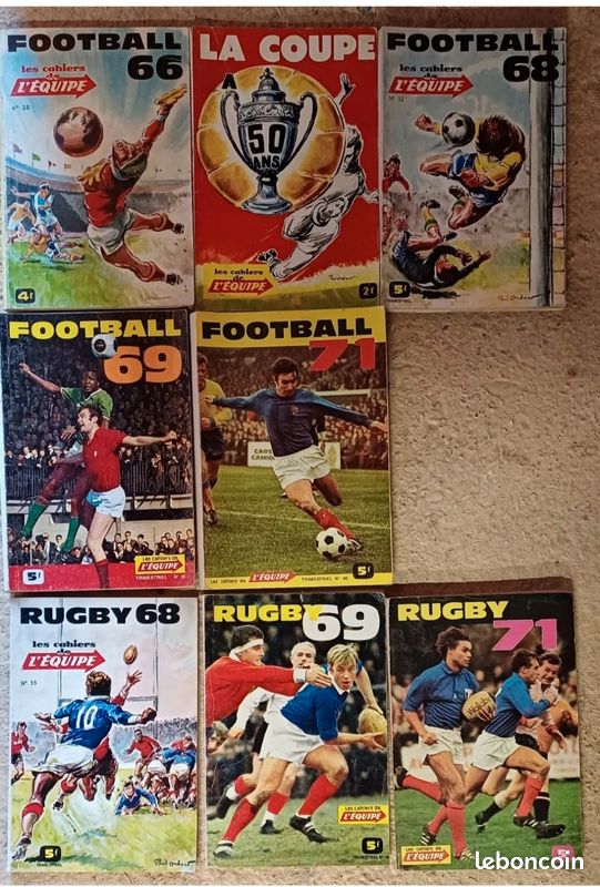 Lot 8 Cahiers De L'équipe Années 60.
Football 66 68 70 71
La Coupe 50 ans 1967
Rugby 68 69 71 (image 1)