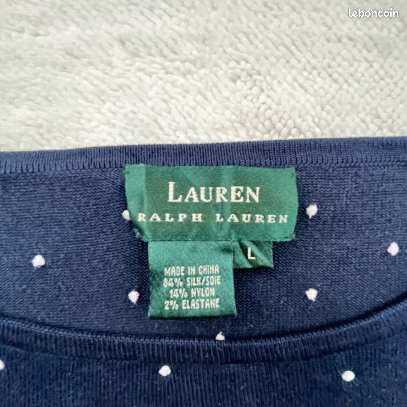 484 Lauren Ralph Lauren Pull Pois Marine Manches Longues Taille L (image 2)