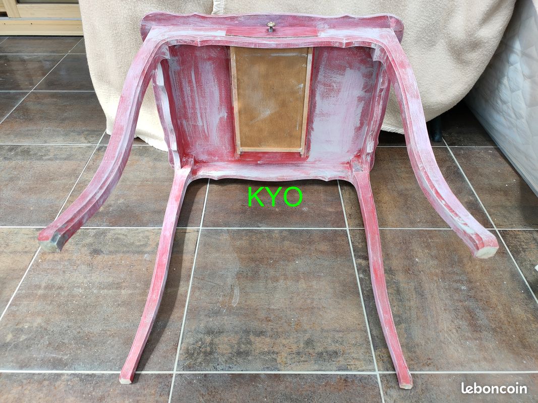 Table décorative rectangulaire bois rose, bureau tiroir central, Plateau chantourné et pieds galbés, vintage rustique ancien - Très bon état (image 7)