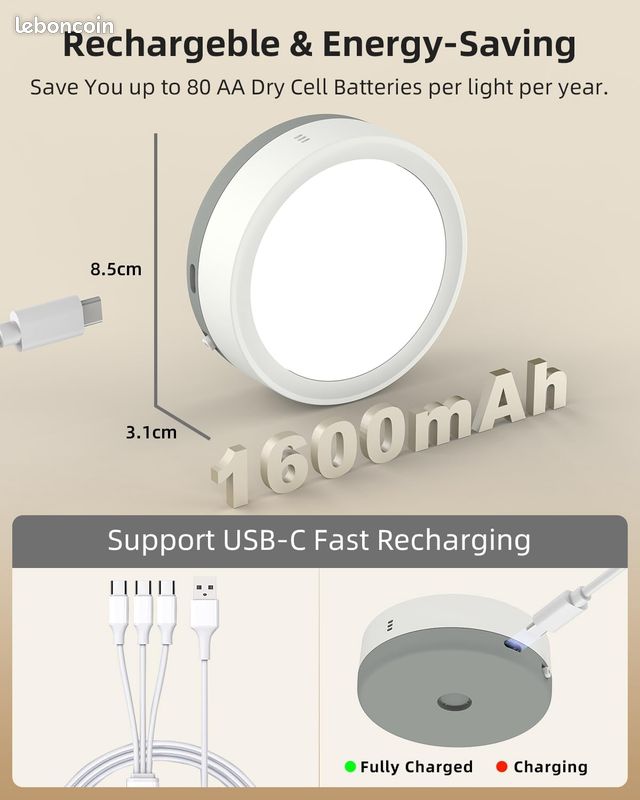 3 Spots LED RGB Sans Fil HOTUT - Rechargeables USB, Télécommande, 16M Couleurs, Minuterie - Pour Placard, Vitrine, Cuisine - Installation Magnétique