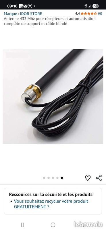 Antenne 433MHz pour automatismes - câble de longueur 5 mètres ANT433/5 avec