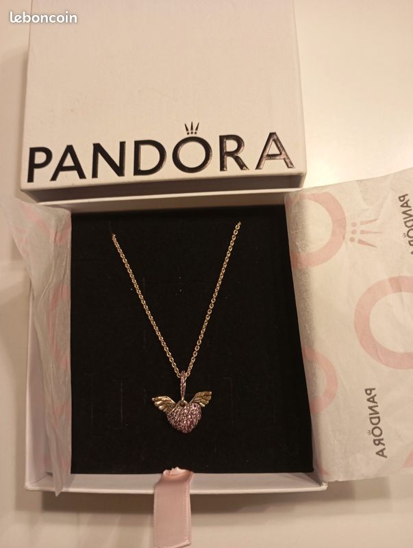 Collier Vintage - Pendentif Ailes & Cœur - Chaîne Argent 925 - Longueur ~43 Cm - Occasion