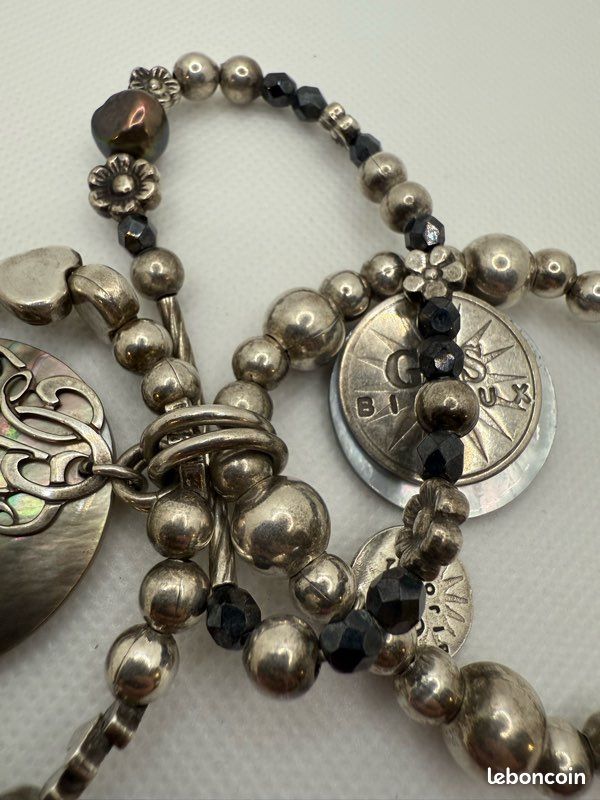 Ancien Bracelet Argent Perles Nacre Médaille Religieuse - Bijou Vintage Français Occasion