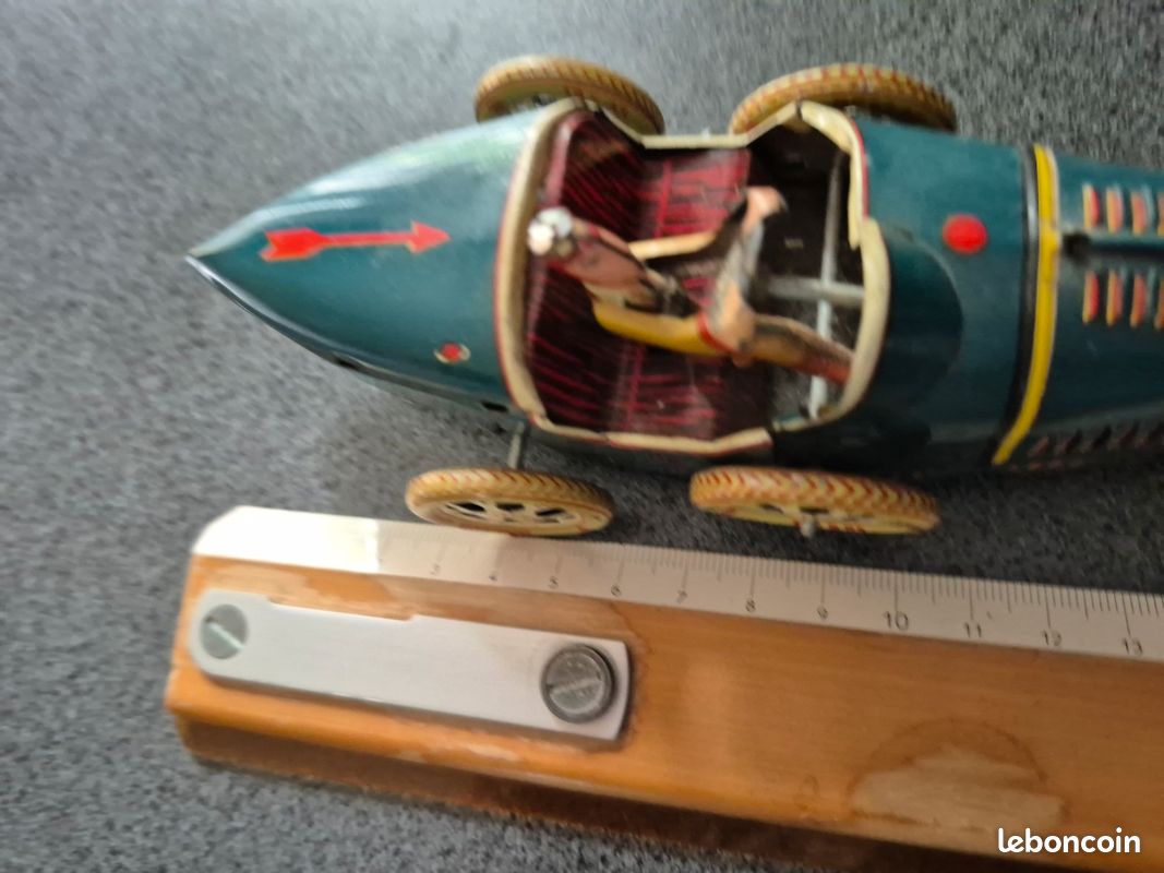 Ancien Jouet Bugatti Course – Tôle Et Bois, Pilote En Relief, Années 30, Rare