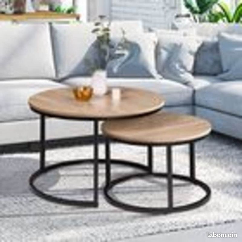 Lot de 2 Tables Basses Gigognes Rondes – Design Industriel Bois et Métal – Tables d'Appoint Modulables & Imbricables (image 5)
