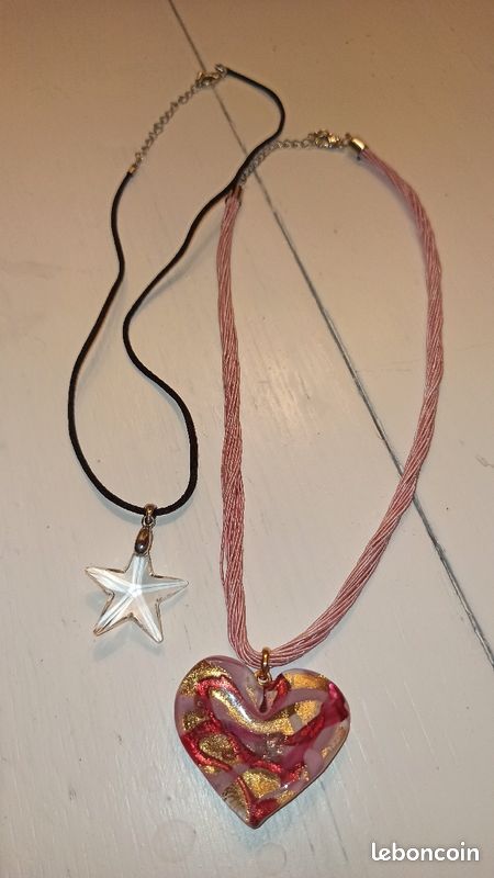 Lot de 2 colliers : étoile transparente + coeur rose verre soufflé murrano (image 2)