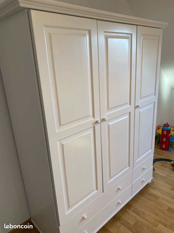 Armoire penderie-lingère Harold pin massif blanc 3 portes + tiroirs - Très bon état (image 2)