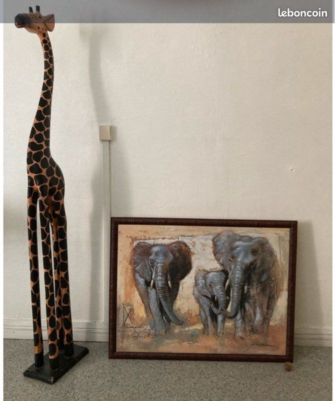 Grand tableau Peinture Éléphants en Savane (86x66 cm) - Cadre bois sculpté (image 2)