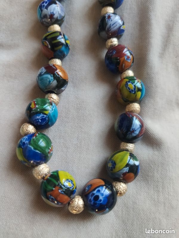 Collier Vintage Perles De Verre Millefiori – Bleu Cobalt – Fait Main (Népal/Thaïlande)