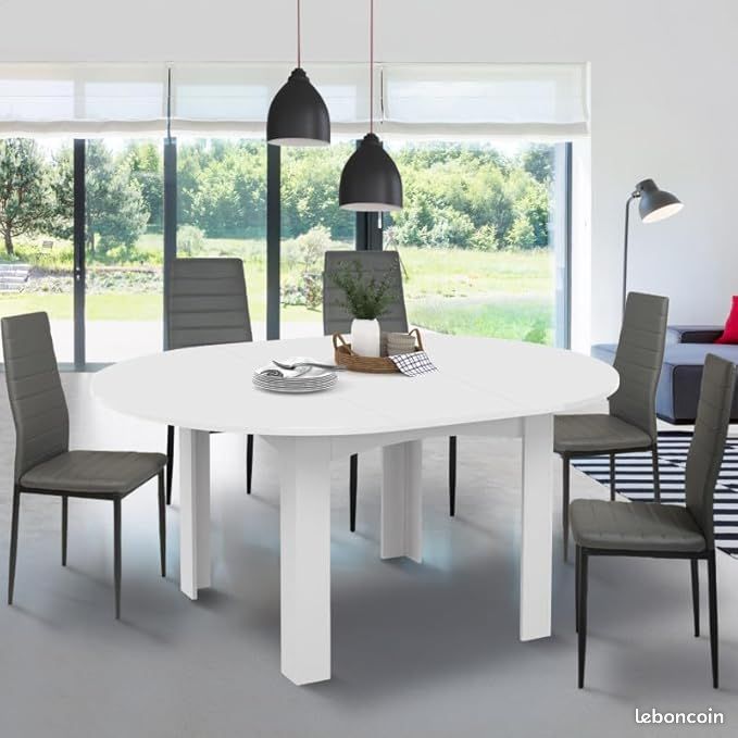 Table à Manger Ronde Extensible 110-150 cm – Blanc Contemporain – Capacité 4 à 8 Personnes – Design Gain de Place & Pieds Robustes (image 5)