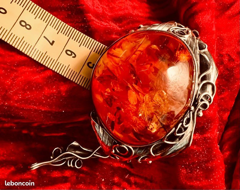 Bracelet Argent Massif Et Ambre – Cabochons – Bijou Ancien