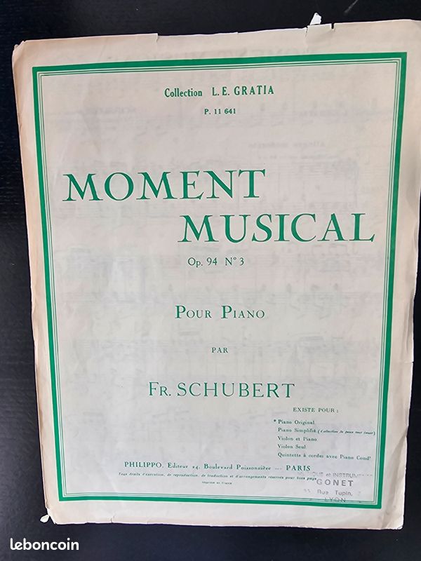 Franz Schubert. Moment Musical. Op.94,N°3. Pour Piano par Fr. SCHUBERT. Éditeur Philippo (image 1)