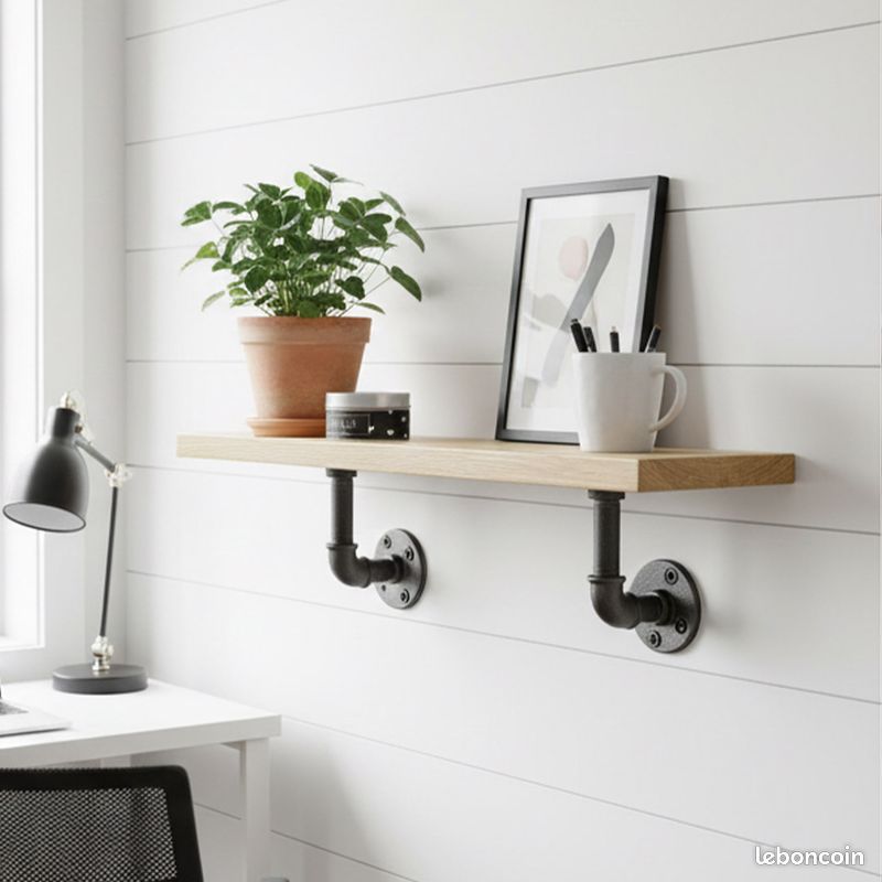 Grande Etagère industrielle Bois et Métal (chêne et tuyaux acier) (image 1)