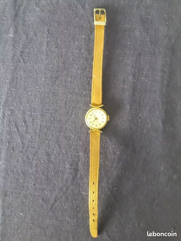 Montre Dame Mécanique Elvia - Cadran Index, Boîtier Plaqué Or, Bracelet Cuir Rouge - Occasion