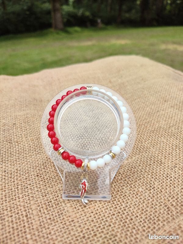 Bracelet JADE ROUGE/AGATE BLANCHE MATE - Carpe Koï - Pierres Naturelles et Breloque S925 (image 3)
