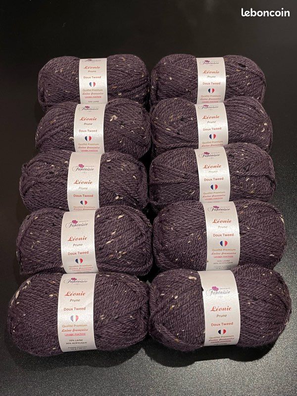 Lot De 10 Pelotes De Laine Fantaisie Couleur Prune - Fabriqué En France - Neuf