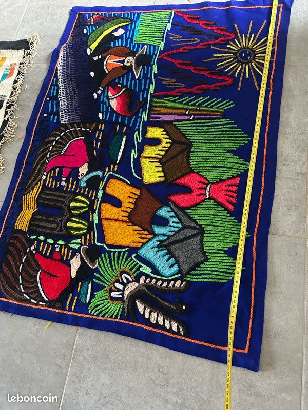 Tapisserie Murale Arpillera Péruvienne Fait Main - Art Populaire Multicolore 49x49cm