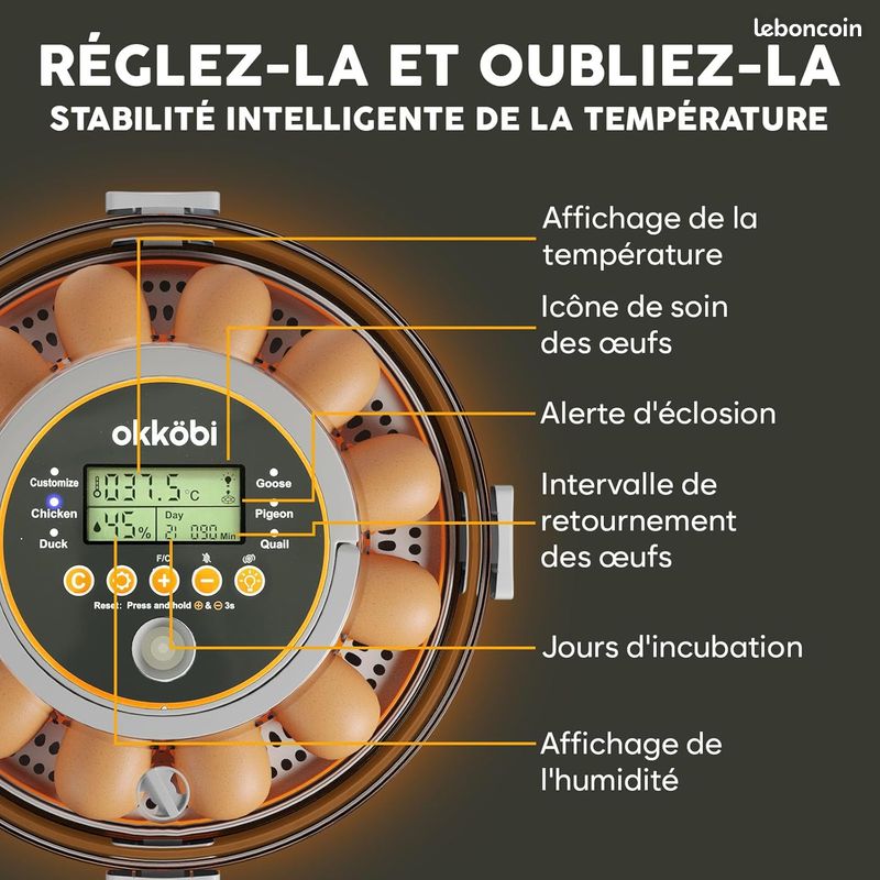 Couveuse Automatique Okköbi 12/20 Œufs – Incubateur Avec Retournement Auto, Humidité & Température Réglables, Lampe Mirage Intégrée