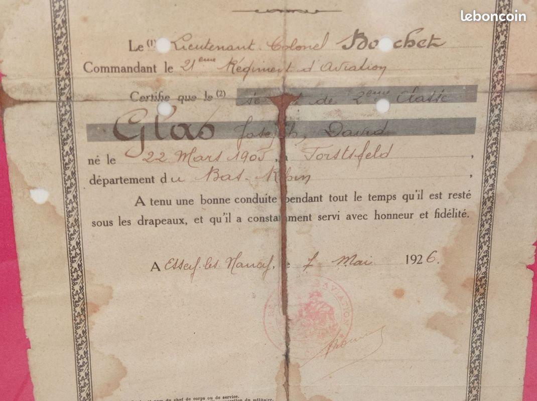 Ancien Pas courant Certificat de Bonne Conduite 21 Régiment d'Aviation sous cadre Décerné le 21 mai 1926 - Récipiendaire de Forstfeld en Alsace (image 3)